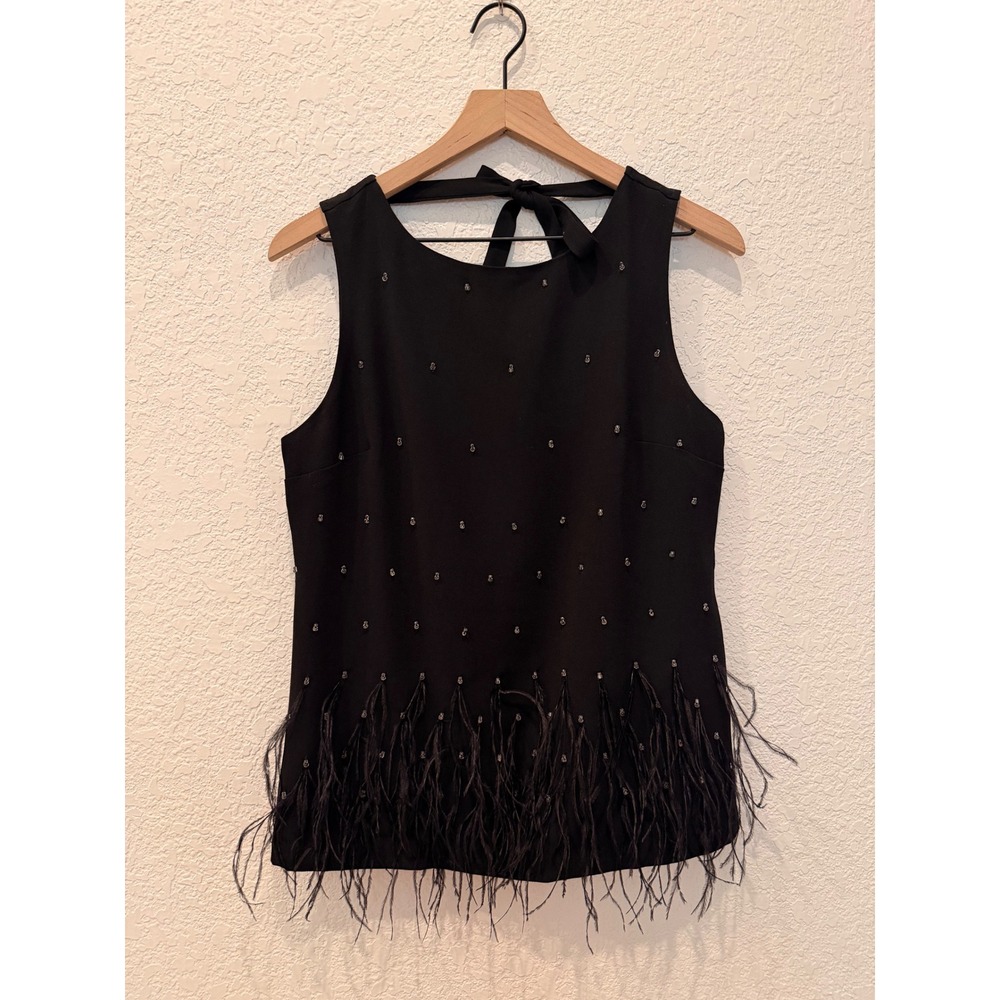 Ann Taylor Black Beaded Sleeveless Top Ostrich Feather Hem Tie Back Medium Glam - Picture 3 of 10